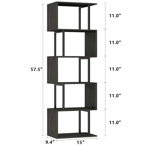 Furologee 6 Tier Bookshelf Tall Geometric Bookcase, S-Shaped Industrial Display Standing Shelf, Metal And Wood Decorative Storage Room Divider Shelves For Bedroom thumb #2