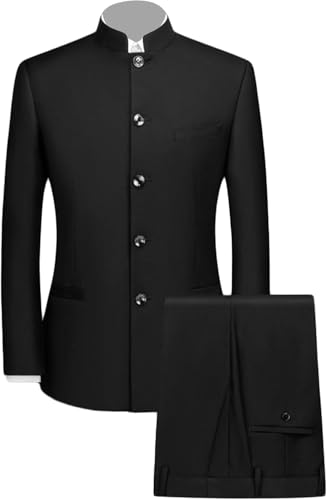 Men 2 Pieces Chinese Tunic Suit Mandarin Collar Blazer Set Button Jacket Pant Set Traditional Uniform Groom Dress
