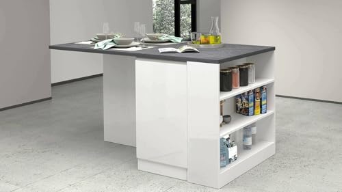 Isola da cucina Osvaldo, Armadio multiuso, Mobile per cucinotto, Tavolo ausiliario, 100% Made in Italy, 160x90h90 cm, Bianco lucido e Ardesia
