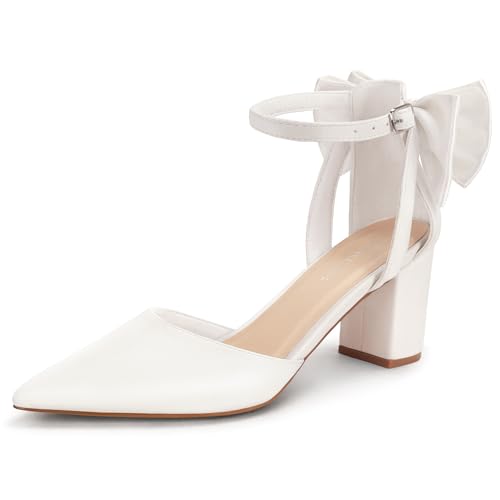 LOOPCHARM Womens Closed Pointed Toe Heels Bow Low Chunky