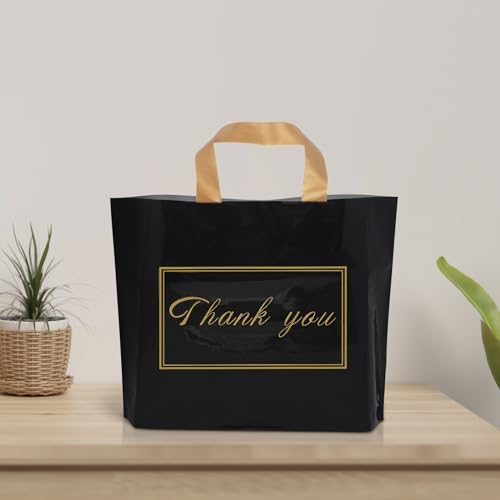 Chirpbirds Thank You Plastic Shopping Bags for Small Businesses Extra Thick Bulk Merchandise Gift Bags with Handles for Customers Party Favors, Black 50 Pack by Chirpbirds - Image 4