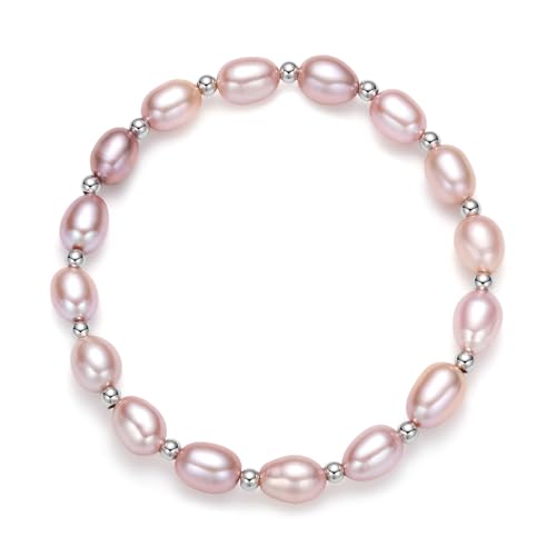 Real Pearl Bracelets for Women, S925 Sterling Silver Spacer Beadeds Stretch Bracelet, 8-9MM Freshwater/Saltwater Cultured Pearls Jewelry Gifts for Wife Mother, Adjustable Fit of 7-8Inch