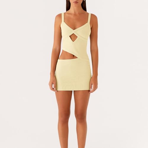 Image of Women Sexy Cutout Mini Dress Spaghetti Strap Backless V-Neck Patchwork Bodycon Short Dress Party Cocktail