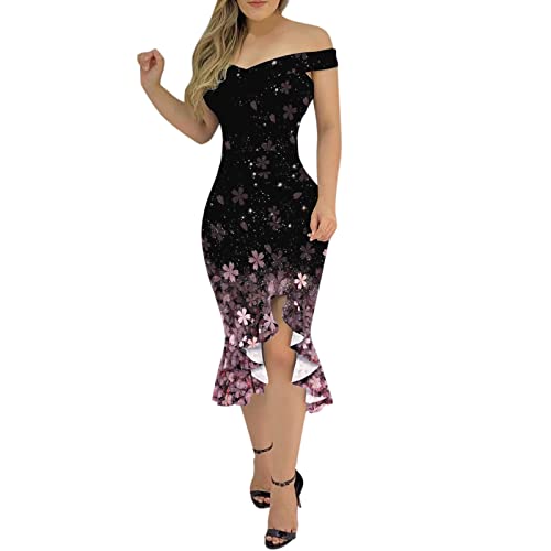 iQKA Dress Shirt,Women Sexy Off Shoulder Bodycon Dress Sleeveless V Neck Ruffle Hem Knee Length Dresses Evening Party Cocktail Vestidosï¼ˆAPink,M