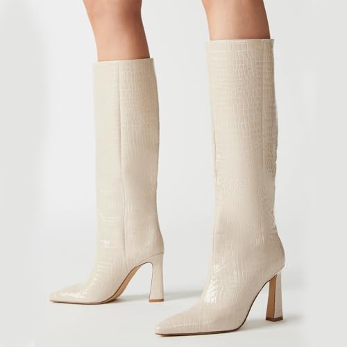 Women's Pointed Toe Knee High Boots, Crocodile Pattern High Heel Boots, Elegant Party Dress Boots4