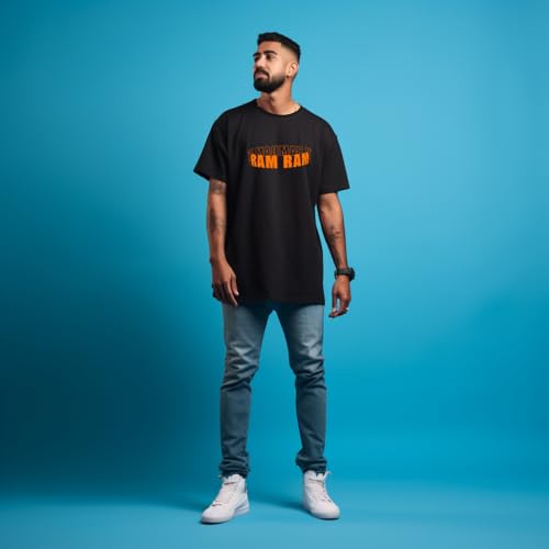 Image of Prabhubhakti Men's Oversized Shree Ram ji 3D Printed Black T-Shirt | Back Print Drop Shoulder Pure Cotton Oversized Tshirt for Men