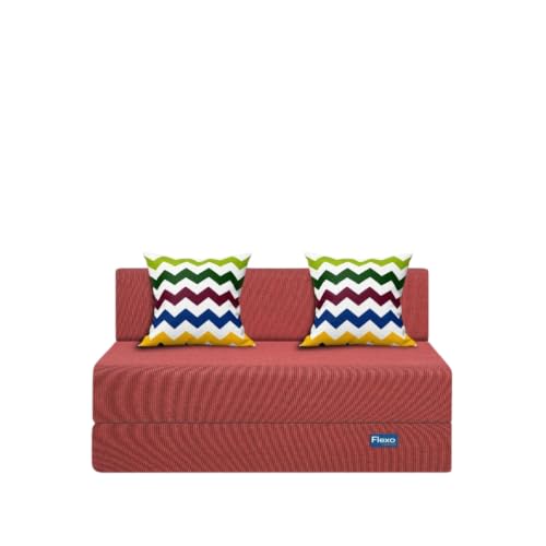 Image of Starlon 2 Seater Foldable Sofa Cum Bed 3-in-1 with 2 Waves Pattern Pillows, Washable Jute Fabric Cover, Space Saving Guest Bed, Pre-Assembled Royal Maroon 4x6 Ft