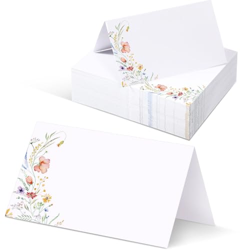 Sinload 120 Pcs Watercolor Wildflower Place Cards Tented Seating Floral Place Blank Table Name Cards Signs Folding for Party Bridal Shower Dinner