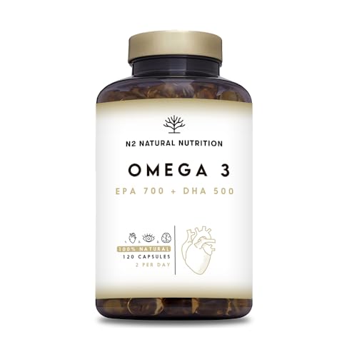 N2 Natural Nutrition Omega 3 + Vitamina E 2000mg, 700mg EPA, 500mg DHA. Aceite de Pescado.Regula el Colesterol, Favorece la Vista, Corazón y Cerebro Saludables. 120 Cápsulas
