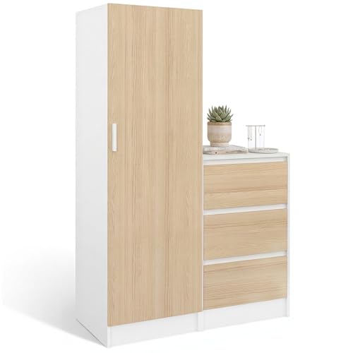IDMarket - Armoire 1 Porte Ambre penderie avec Commode 3 tiroirs 100 cm modulable façon hêtre et Blanc