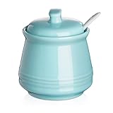 DOWAN Porcelain Sugar Bowl, 12 Ounce Ceramic Sugar Bowl with Lid, Sugar Bowl with Spoon and Lid, Sugar Canister, Coffee Bar Accessories, Suit for Coffee Bar, Restaurant, Turquoise, 12 Ounces