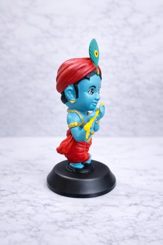 Image of Baby Krishna Blue Tone Car Dashboard Idol with Flute - Premium Hand-Painted Lord Krishna Murti for Car Dashboard, Home & Office Decor with Double-Sided Tape Base
