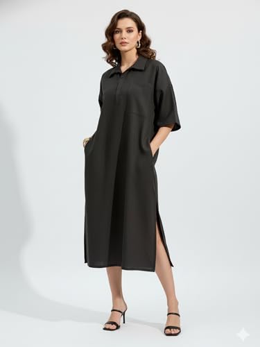 Image of PURVAJA Women's Maxi Solid Linen Dress