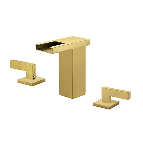 GLYYR Grifo de Lavabo de Baño con LED, Cascada 2 Manijas 3 Orificios Montado en Cubierta Grifo de Lavabo Grifo de llenado de Bañera Grifos Mezcladores,Brushed Gold Cover