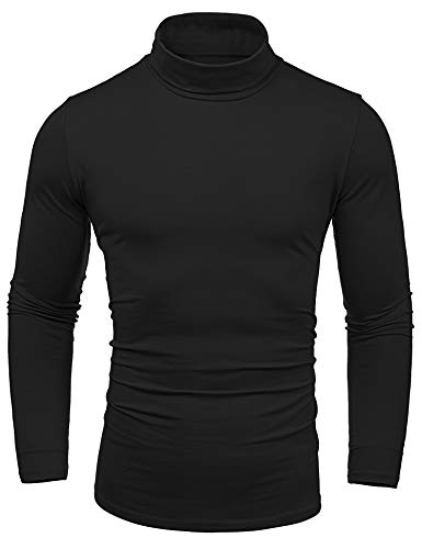 Amussiar Men's Turtleneck T-Shirt Slim Fit Long Sleeve Basic Thermal Casual Pullover Shirts (Dark Black, Large)