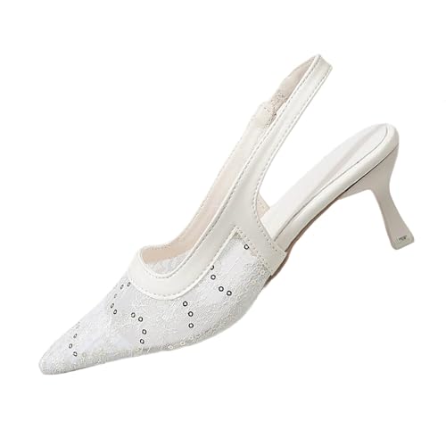 Sandales d'été chic en dentelle à paillettes et talon haut tissé blanc