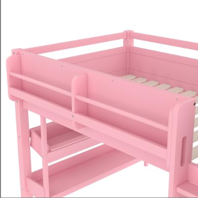 Image of Full Loft Bed with Multi-Storage Bookcases, Boxes and Drawers, Solid Wood Low Loft Beds with Desk and Blackboard, No Box Spring Needed (Pink-02)