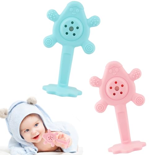 Image of Fu Store Baby Rattles Toys 2 Pack Infant Grab Shake Flexible Rattle Chew Teething Toy Sensory Development Silicone Teethers for Newborn Babies Infant Boys Girls (Blue&Pink)