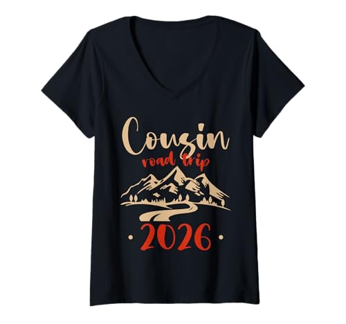Womens Cousin Road Trip 2026 Mountain Camping Crew Summer Vacation V-Neck T-Shirt