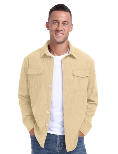 Image of Askdeer Men's Corduroy Button Down Shirts Long Sleeve Casual Shacket Jacket Western Corduroy Shirt Jacket with Flap Pockets