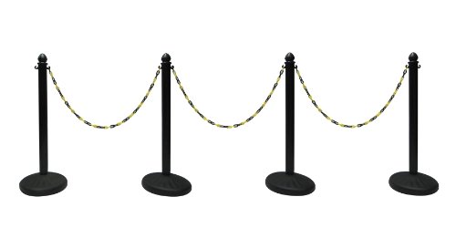 Vip Crowd Control Heavy Duty Plastic Stanchion 4 Pcs Set (Black) + 50' Black/Yellow Chain, Crowd Control Center #TOP17