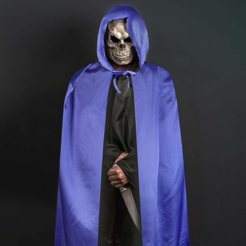 Aomig Schwarzer Umhang Vampir Umhang Jedi Mantel Mittelalter Umhang mit Kapuze für Erwachsene Unisex Scream Kinder Cape Kostüm Halloween Costume Maskerade Familienfeier Karneval Cosplay (Blau-150cm)
