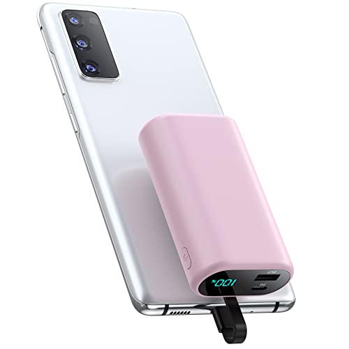 Small Portable Charger 10800mAh with Built-in USB-C Cable, Mini PD 3A Fast Charging Power Bank, Ultra-Compact LCD Display Battery Pack Compatible with Samsung Galaxy S22/S21/S10/S9,Note,Moto,LG-Pink