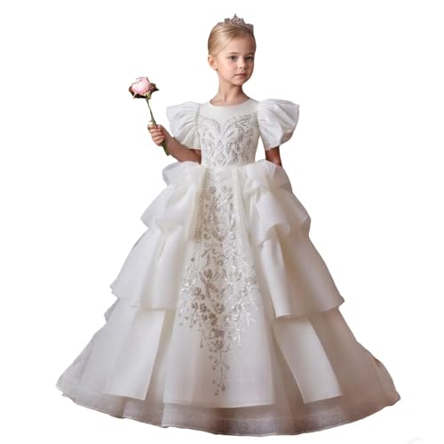 Lace Applique Tulle Flower Girl Dress with Train Puffy Floral Pageant Dresses Kids Birthday Wedding Party Ball Gown