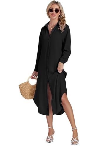 LYANER Women's Collar Button Long Sleeve Max Long Shirt Dress Cardigan Cover Ups