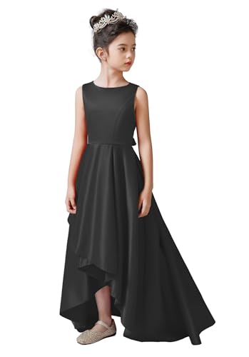 dideyttawl Black Silk Satin Flower Girl Dress Teen Girls Wedding Guest Dress Hi-Lo Elegant Formal Dress Black Piano Recital Dress Prom Ball Gown Size 10