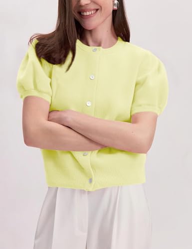 Image of Yimoon Women's Lightweight Puff Short Sleeve Cardigan Sweater | Summer, Y2K, Cropped Knit, Button Up, Blouse Tops