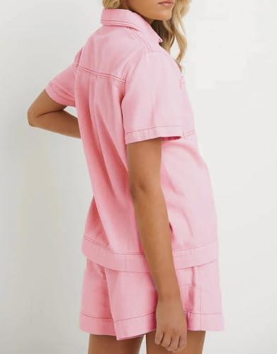 Image of Kedera Summer Denim Set for Women 2 piece Casual Short Sleeve Boxy Shirt Tops and Shorts Pants Lounge Sets Outfits