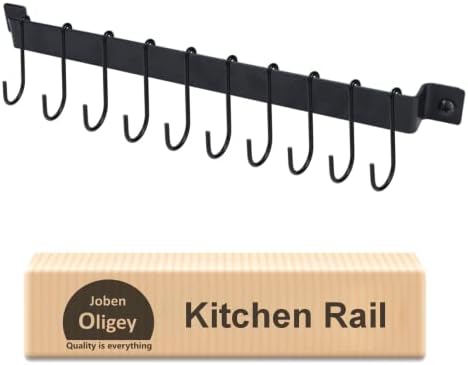 Utensil Holder, Kitchen Rail with 10 Hooks, Kitchen Pots Pans Organizer Hanger, Wall Mounted Wrought Iron Hanging Utensil Holder Rack with Black 17 Inch for Coffee Mug Rack Cup Hanging Kitchen Black…