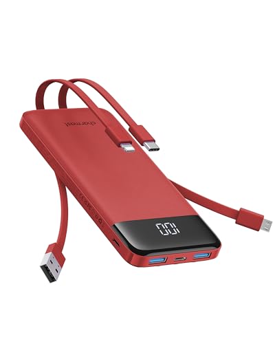 Charmast Caricabatterie portatile, 10000 mAh Power Bank con 4 cavi integrati, 6 uscite 3 ingressi, batteria USB C essenziale da viaggio compatibile con telefoni iPhone, iPad, Samsung