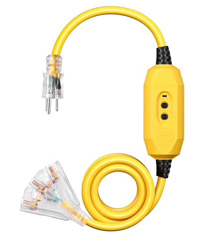 DEWENWILS 6FT Automatic GFCI Extension Cord Outdoor Heavy Duty 12/3 SJTW Cord with LED Lighted Plug for Leaf Blower Lawnmower Weed Whacker 15A 125V Yellow UL Listed