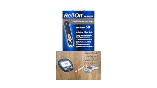 ReliOn Premier Test Strips 50 Count | Reli On Premier Blood Glucose Test Strips | Diabetes Care Test Strips, Blood Sugar Test Strips + Sam's Trade Diabetes Management Guide, 50 Count, 1 Pack