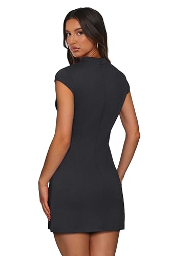 OFEEFAN Womens Summer Dress Mock Neck Short Sleeve Bodycon Party Club Mini Dresses - Image 6