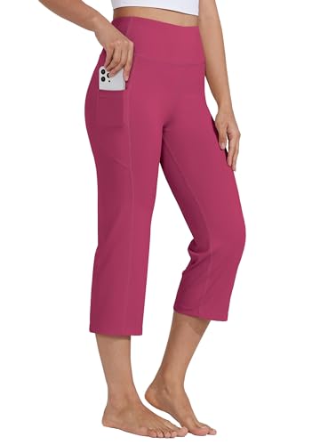 Willit Women's Yoga Capris Pants High Waist Leggings Crop Straight Leg Athletic Exercise Workout Capris 21" Rose Red L