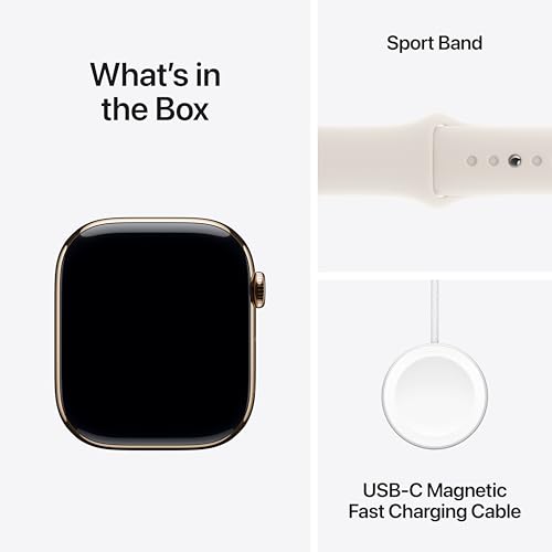 Image of Apple Watch Series 10 [GPS + Cellular 46 mm] Smartwatch with Gold Titanium Case with Starlight Sport Band- M /L. Fitness Tracker, ECG App, Always-On Retina Display, Water Resistant