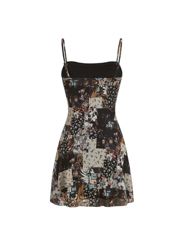 WDIRARA Women's Summer Boho Patchwork Print Spaghetti Strap Flared Short Cami Dress2