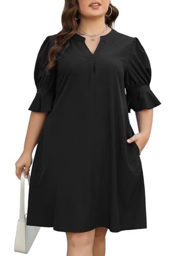 Celkuser Plus Size Summer Casual Shift Dress for Curvy Women V Neck Ruffled Sleeves Loose Shirt Dresses with Pockets 2025