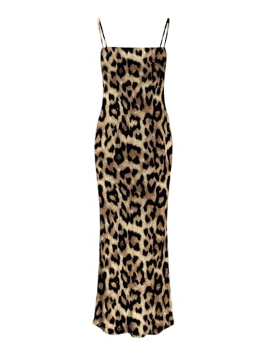 Noisy may Damen Kleid Enger Schnitt Allover-Print Ärmelos Knöchellang Sommer Dress, Farben:Braun, Größe:S