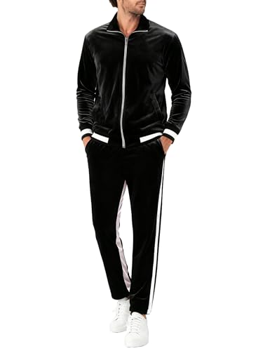 Provig Survêtement en velours pour homme 2 pièces avec fermeture éclair et pantalon avec poches, noir, 3X-Large