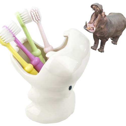 FlidRunest Kids Hippo Toothbrush Holder - Cute Hippo Shaped Toothbrush Holder for Kids - Easy to Clean, White Ceramic Animal Toothbrush and Toothpaste Holders for Children