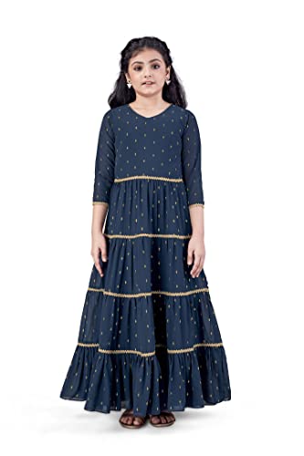 Image of Jwalin Girls Georgette Maxi Length Foil Printed Dress(Teal 7-8 Year)