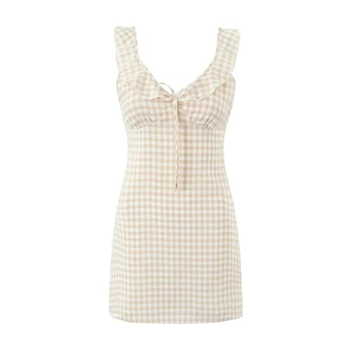 Kariertes Rüschen-Rundhals-Trägerkleid für den Sommer, Neuer Petite-Rock-Khaki-L