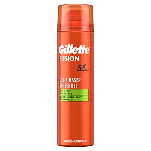 Gillette Fusion Gel de afeitar para hombre con aceite de almendra para pieles sensibles, 5 acciones: limpia, hidrata, protege, refresca y suaviza, 200 ml