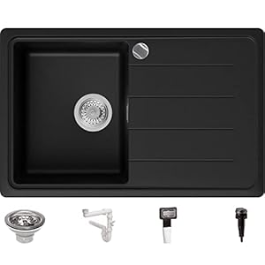 Granitspüle Schwarz 78×50 cm, Spülbecken + Ablauf-Set (Drehknopf), Küchenspüle für 45er Unterschrank, Einbauspüle von Primagran