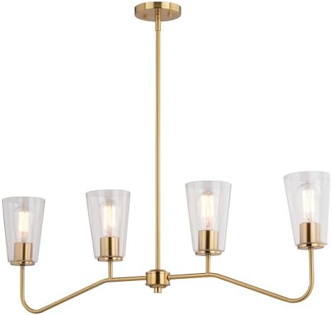 VAXCEL Beverly 4 Light Gold Brass Linear Chandelier Island Pendant Fixture Clear Glass Shade, LED Compatible