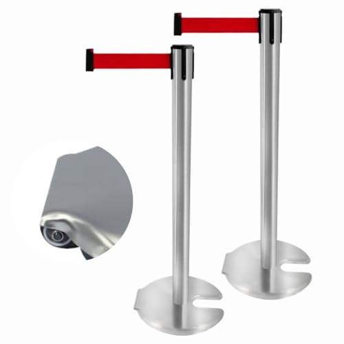 TOMITA 移動ローラー付き ベルトパーテーション 2本セット 最長3m (シルバーポールxレッドベルト) 組み立て簡単 4方向連結可能 スタッキング 重ねて収納 ポールスタンド